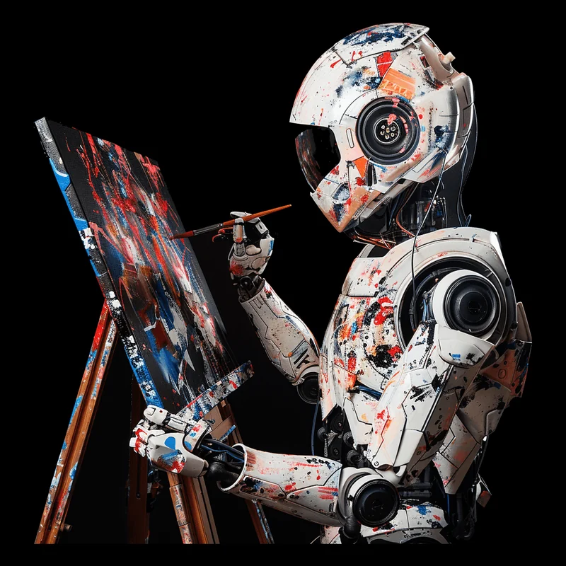 A robot painting a colorful illustration at an easel