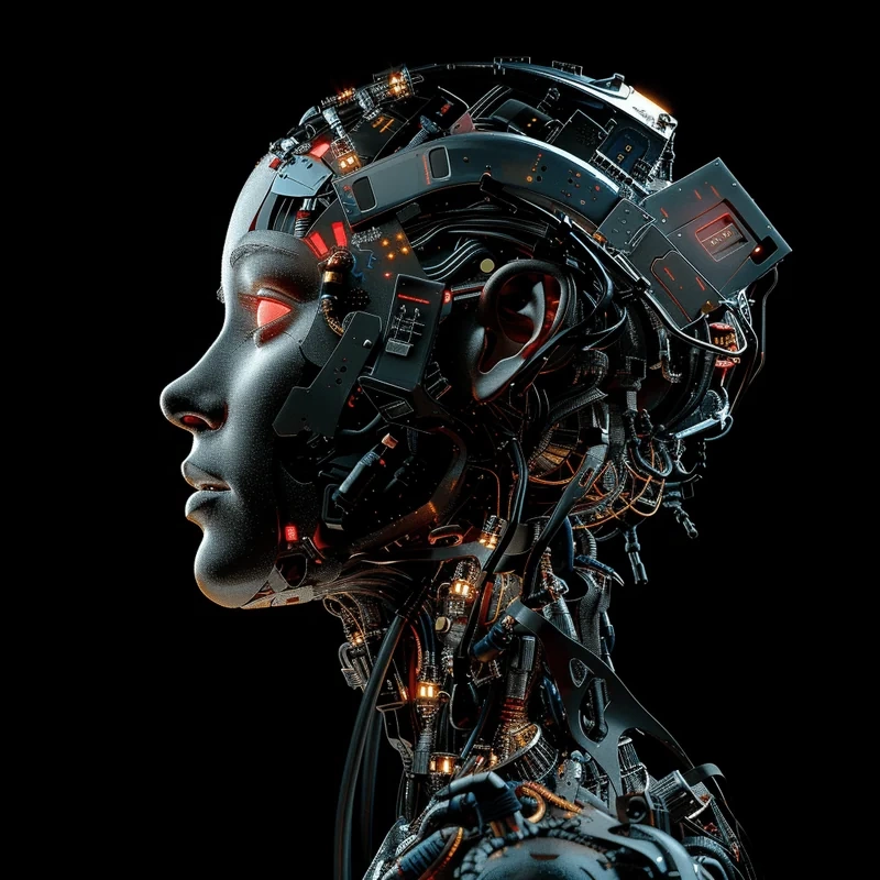 A futuristic AI face with intricate mechanical details