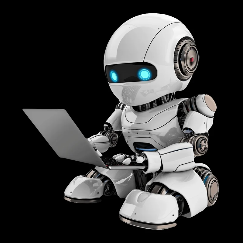 AI Autoblogger's robot mascot at its laptop